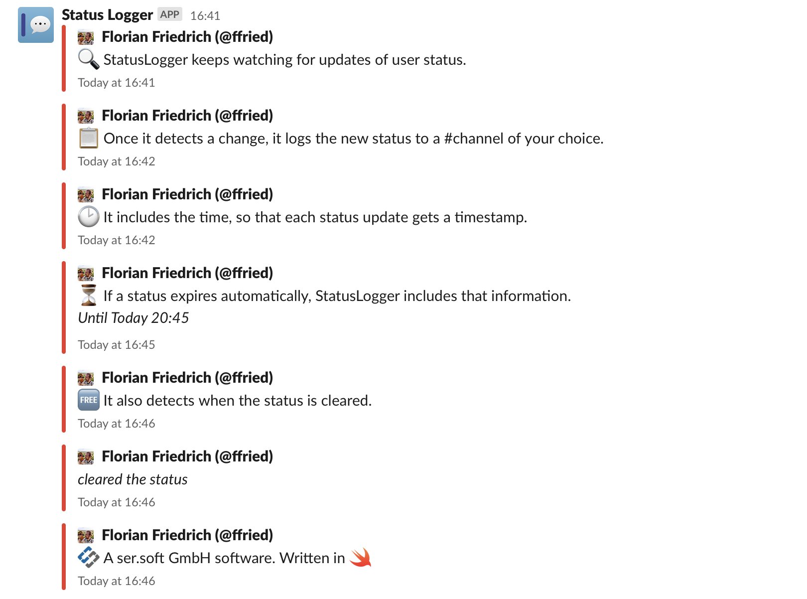 Screenshot of how StatusLogger works.